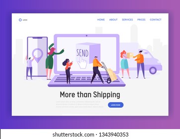 Online Shopping Fast Worldwide Shipping Service Concept Landing Page. People Character Send and Receive Package. Smart Logistic Website or Web Page. Flat Cartoon Vector Illustration