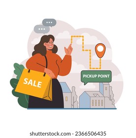 Online shopping. Female customer receiving parcel at pick-up point. Woman with purchased goods on a marketplace. Shipping or delivery service. Flat vector illustration