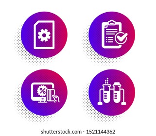 Online shopping, File management and Survey checklist icons simple set. Halftone dots button. Chemistry beaker sign. Black friday, Doc with cogwheel, Report. Laboratory flask. Business set. Vector