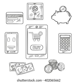 Online shopping and finance sketch design with tablet pc with shopping cart and button Buy on the screen, surrounded by dollar bills and coins, smartphone, calculator, piggy bank with money and safe