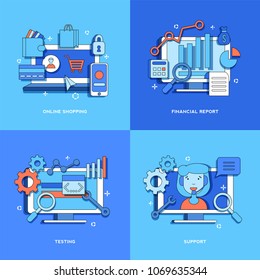 Online Shopping, Financial Report, Testing, Support concepts for web page, banner, presentation. Set. Vector illustration