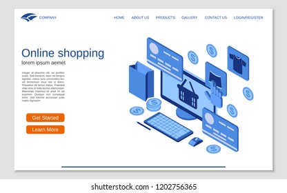 Online shopping flat 3d isometric vector concept illustration. Website landing page design template