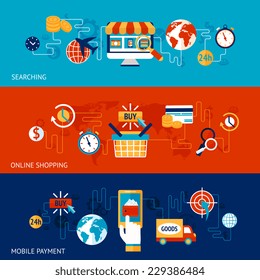 Online shopping flat banner set with searching and mobile payment elements isolated vector illustration