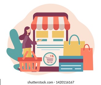 Online shopping. Flat cartoon style. Vector illustration