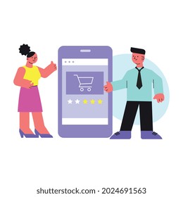 Composición plana de compras en línea con personajes de clienta femenina y asistente de tienda masculina con ilustración vectorial de smartphone