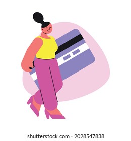 Online shopping flat composition with female character carrying big credit card for remote payment vector illustration