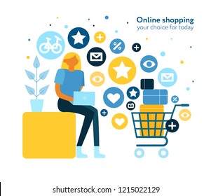 Online shopping flat composition with young woman surfing internet stores putting purchased objects in electronic basket vector illustration