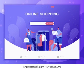 Plantilla de ilustración vectorial de concepto plano de compra en línea para desarrollo de sitios web y aplicaciones móviles. Plantilla de página de inicio plana. Personas decoradas con dibujos animados para página web o página de inicio.