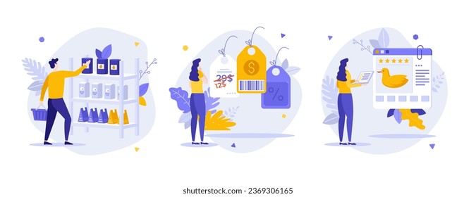 Online shopping flat concept vector illustrations set. Internet sale and customers review for promotion cartoon scenes. E commerce business tools idea for website, presentation