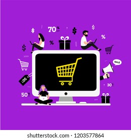Online shopping. Flat concept for web design with desktop computer and people. Sale.