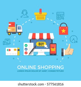 Online Shopping. Flat Design Graphic Elements, Signs, Symbols, Line Icons Set. Premium Quality. Modern Concept For Web Banners, Websites, Infographics, Printed Materials. Creative Vector Illustration.