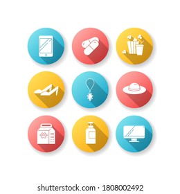 Online shopping flat design long shadow glyph icons set. Digital electronic technology. Fashion and beauty. Pet care food. Fastfood for entertainment. Silhouette RGB color illustration