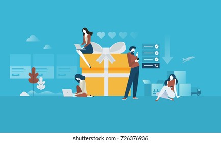 Online shopping. Flat design people and technology concept. Vector illustration for web banner, business presentation, advertising material.