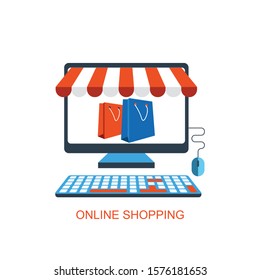 Online shopping flat design. Vector illustration of online shopping & e commerce concept with "e-commerce" online shopping and marketing icon