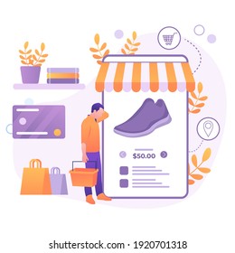 Diseño plano de compras en línea para página web, medios sociales, documentos, tarjetas, afiches.