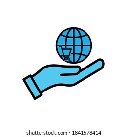 Online shopping flat icon. Hand icon, Shopping cart and earth. Design template vector