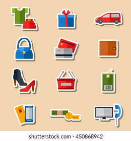 Online shopping. Flat icon set isolated on light  background. Sticker type. Vector illustration. Clothing and accessories, order and delivery.