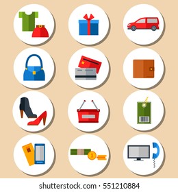 Online shopping. Flat icon set isolated on light background. Round sticker type. Vector illustration. Clothing and accessories, order and delivery.