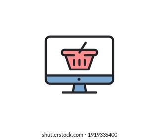 Online Shopping Flat Icon. Thin Line Signs For Design Logo, Visit Card, Etc. Single High-quality Outline Symbol For Web Design Or Mobile App. Marketing Outline Pictogram.