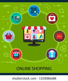 Online shopping flat icons concept. Vector illustration. Element template for design.