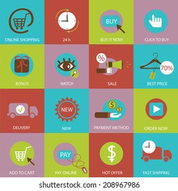 Online shopping flat icons in vector set