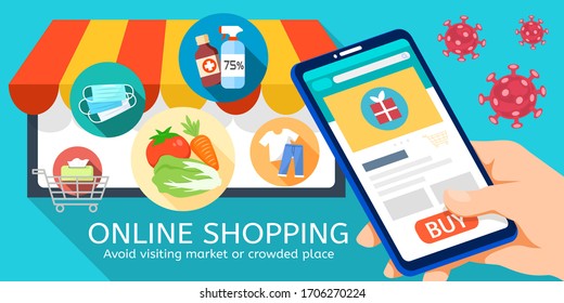Online shopping flat illustration concept with a hand clicking buy button through smartphone, buy everything online and avoid visiting crowded places during COVID-19 outbreak