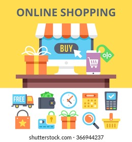 Online shopping flat illustration and ecommerce flat icons set. Modern colorful flat design graphic concepts for web banners, web sites, printed materials, infographics. Creative vector illustrations