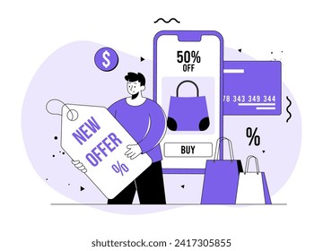 Concepto vectorial de ilustración plana de compras en línea, concepto de oferta especial, descuento, comercio electrónico, tienda digital, tienda electrónica, tienda en línea
