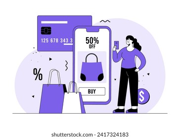 Online shopping flat illustration vector concept, Special offer, discount, Flash sale, woman ordering clothes from online clothing store