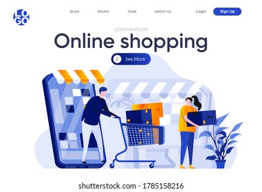 Online-Shopping-Wohnung Landing Page. Shopping mit mobiler Anwendung, Paar mit Trolley voller Einkäufe Vektorgrafik. Internet-Marktplatz Website-Komposition mit Personen-Charaktere.