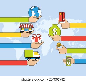 Online shopping flat line concept with hyman hands paying money for goods vector illustration
