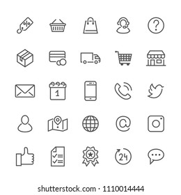 Online shopping flat line icons. E-commerce business, contacts, support, social networks, shop basket, sale, delivery illustrations. Thin signs for web store. Pixel perfect 48x48. Editable Strokes.