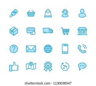 Online shopping flat line icons. E-commerce business, contacts, support, social networks, shop basket, sale, delivery illustrations. Thin signs for web store. Pixel perfect 48x48. Editable Strokes.