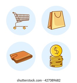 Online shopping flat line icons. Set of colored "market" signs. Vector illustrations.