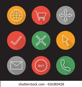 Online shopping flat linear long shadow icons set. Worldwide and delivery symbols, shopping cart, yes and no signs, computer cursor, message, buy sticker, handset. Vector line symbols