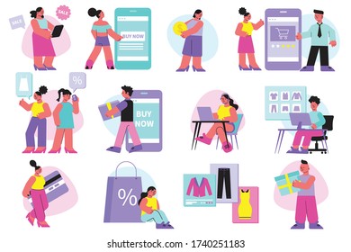 Online shopping flat set of customers buying goods remotely and couriers delivering orders isolated vector illustration