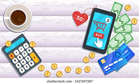 Online shopping. Flat smartphone with heart shaped 50 percent off on price tag, cart icon, cursor pointer clicking buy button on screen. Desk with credit card, calculator, cash, coins and cup coffee