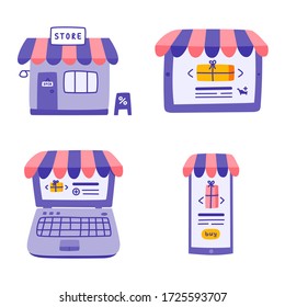 Online shopping flat vector color illustrations set. Images of an offline store, shop in a tablet,laptop,phone.Isolated on white background.
