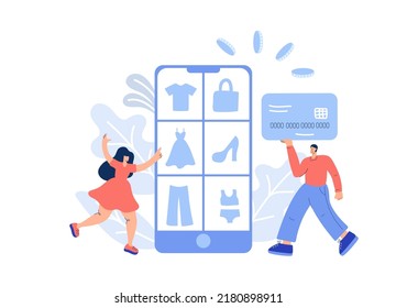 Plano de compras en línea. Una mujer y un hombre con tarjeta de banco que dibujan la mano del vector corren a comprar productos. El catálogo de productos por teléfono en la página del navegador web. Cajas de compras.