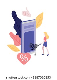 Online shopping flat vector illustration - young woman pushing trolley basket into application of internet store on big mobile phone to make order for purchasing goods isolated on white background.