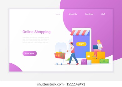Online Shopping Flat vector illustration concept. Girl sitting on bank card and buying with notebook at Mobile web shop store with delivery service.