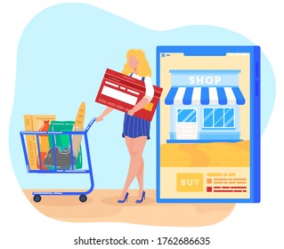 Online shopping flat vector illustration. Cartoon tiny woman buyer character holding card and grocery shopping cart, buy in mobile shop smartphone app, internet ecommerce technology isolated on white