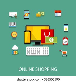 Online shopping, flat vector illustration
