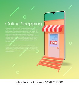 Tienda de vectores planos en línea en concepto de teléfono. Antecedentes aislados de mercadotecnia vectorial.