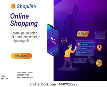 Online shopping flyer, banner, poster template with a Smartphone, a person on city background. Сoncept of mobile marketing and e-commerce. Isometric supermarket smartphone with icons of purchases.