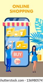 Online Shopping Flyer, Brochure Vector Concept. Internet Retail Network Web Banner. Mobile Shop Customers Cartoon Characters. E commerce Flat Illustration with Typography. Phone, People, Plant Leaves