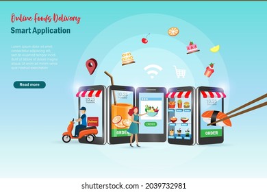 Online shopping. Food delivery application service on smart phone, e commerce and customer ordering on mobile with selection of foods and drink.