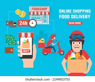 Online shopping. Food Delivery concept design flat banner. Vector illustration