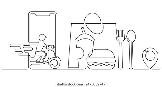 online shopping, food delivery courier mobile application one line continuous. express delivery courier customer service vector illustration editable