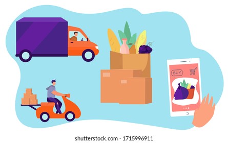 Online Shopping and Food Delivery during Quarantine.Social Distancing.Stay Home.Express Delivery and Online Shopping on Bike and Truck.Food and Boxes Transportation.Flat Vector Illustration